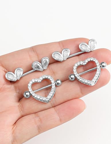 7 Pairs Nipple Rings for Women 14G Stainless Steel Pink CZ Heart Devil Acrylic Ball Straight Barbell Nipple Bars Tongue Rings Set Cute Nipplerings Piercing Jewelry Sliver Tone - color: White