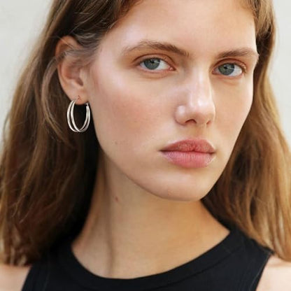 Large Thin Double Hoop Earrings for Women Lightweight Hypoallergenic 925 Sterling Silver Post 14K Gold Hoops Non Tarnish Sturdy Big Thin Double Layered Hoop Earrings 30/40/50/60mm - color: Silver, size: 30mm