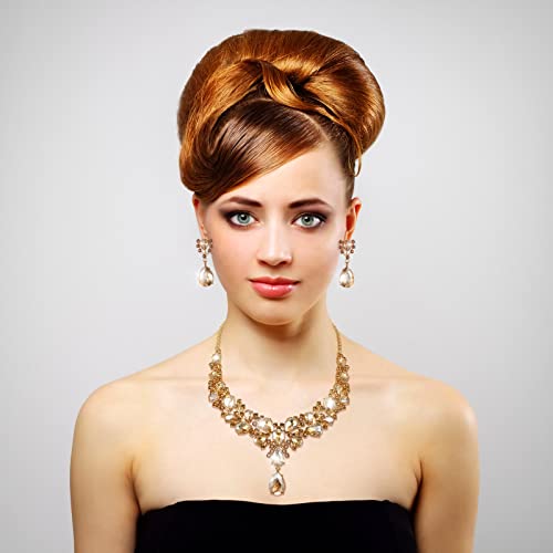 Hicarer Bridal Teardrop Cluster Crystal Jewelry Set for Women Necklace Earrings Wedding - color: Gold