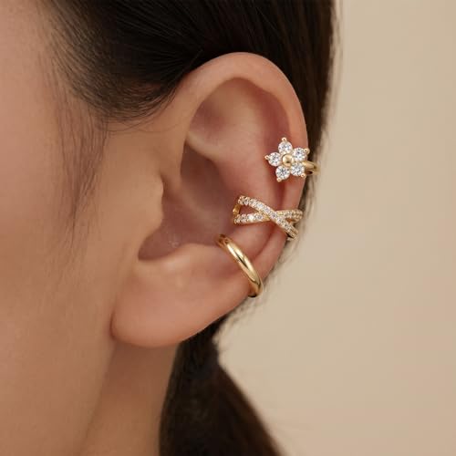 Ear Cuffs for Women Non Piercing - 3PCS Gold Clip On Earrings, 14K Gold Plated Adjustable Cuff Earrings for Women, Dainty Flower Design