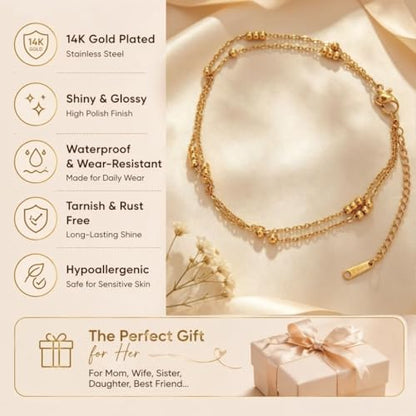 Waterproof Gold Plated Layered Anklets for Women Daisy/Herringbone/Heart Charm/Bead Chain Non Tarnish Stainless Steel Summer Foot Jewelry Gift for Her, with Gift Box - color: 4. two bead chains