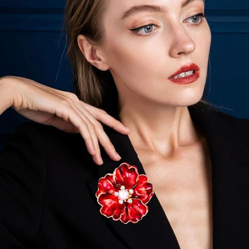 Rhinestone Flower Pin Camellia Drop Oil Brooch Big Large Rose Bouquet Brooch Pin Pearl Daisy Peony Brooch Lapel Pins Elegant Clothing Hat Bag Skirt Accessories for Women - color: Red