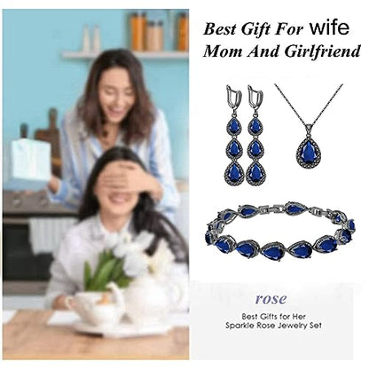 LMXXVJ Necklace Long Earrings Bracelet Set, White Gold Plated Created Blue Sapphire Jewelry Set Wedding Party Gift Jewelry for Women Bridal Bridesmaid - color: Black Gun-Blue