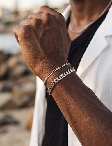 Silver Bracelet Set for Men, Figaro and Cable Link Chain | Stainless steel Figaro and cable link bracelets for stacking, daily wear, and gifts - color: Style3-7 inch