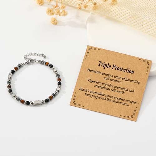 Natural Healing Crystal Bracelet for Women, Triple Protection Anxiety Relief New Beginnings Good Luck Empath Protection Jewelry Gift for Friends Daughter Mom 6.5+1.8 Inches - color: Protection-S