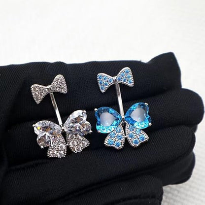 14G Rhinestone Bowknot Belly Button Ring for Women - Stainless Steel CZ Crystal Bow Navel Curved Barbell - Sparkling Body Piercing Jewelry - color: White