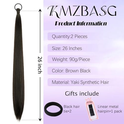 2 PCS Black Brown Ponytail Extension with Hair Tie DIY Braided Ponytail Extension Warp Around Yaki Straight Sleek Hairpieces Light and Soft Fluffy Stayle Ponytail for Women Daily Party Use - color: Brown Black