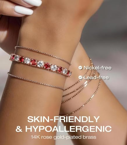 Lovans 14K Gold Plated Tennis Bracelets,White/Yellow/Rose Gold-plated Adjustable Cubic Zirconia Tennis Bracelet for Women - color: Rose Gold, size: 4MM Red