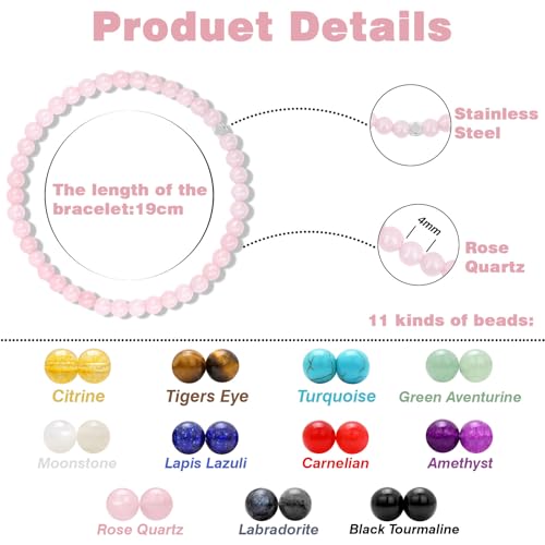 Raicegs 4 6 8MM Beaded Bracelets Healing Crystal Bracelet for Women Men Natural Stone Handmade Stretch Bracelet Reiki Spiritual Jewelry - color: Rose Quartz, size: 4mm