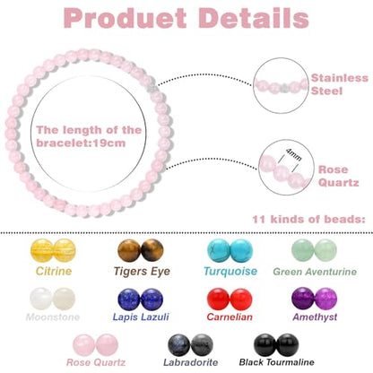 Raicegs 4 6 8MM Beaded Bracelets Healing Crystal Bracelet for Women Men Natural Stone Handmade Stretch Bracelet Reiki Spiritual Jewelry - color: Rose Quartz, size: 4mm