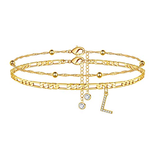 Ankle Bracelets for Women, 14K Gold Plated Dainty Layered Chain CZ Initial Anklets Summer Jewelry Gifts for Women - style: L-Gold