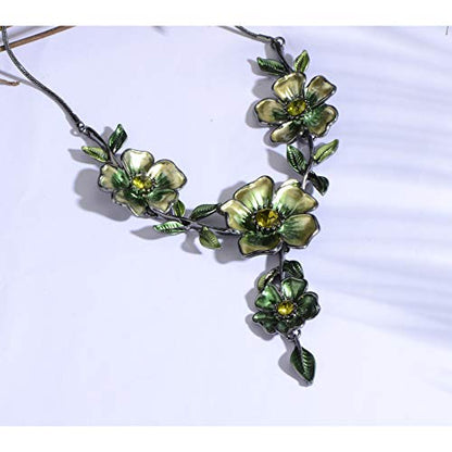 AMYJANE Vintage Statement Jewelry Set - Spring Leaf Flower Floral Plant Necklace Earring Set Crystal Rhinestone Fashion Costume Jewelry for Women Prom Party Unique Gift - style: Green Flower Green Leaf