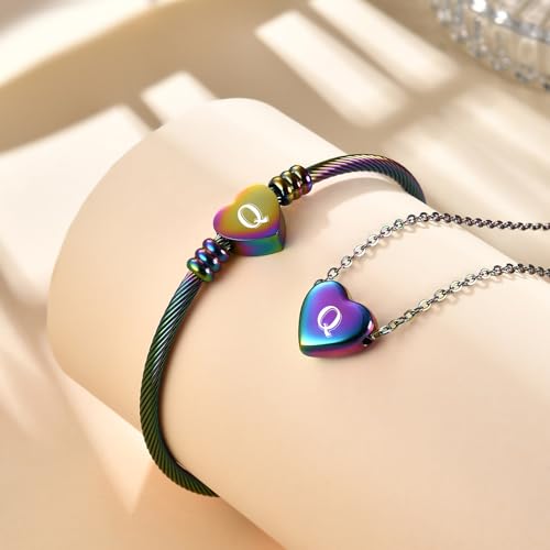 MYNENEY Necklace and Bracelet for Women Stainless Steel Initial Jewelry Set - color: Rainbow-Q