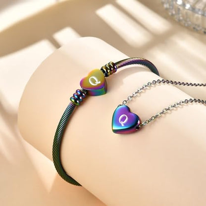 MYNENEY Necklace and Bracelet for Women Stainless Steel Initial Jewelry Set - color: Rainbow-Q