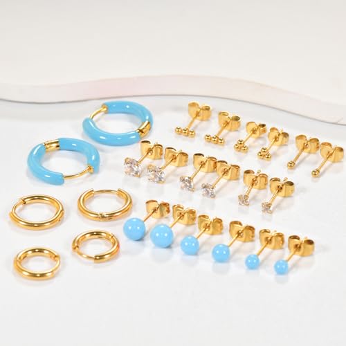 12 Pairs Stud & Hoop Earrings Set for Women 2-5mm Colorful Ball & Cubic Zirconia Stud earrings 8/10/12mm Hoop Earrings Hypoallergenic Stainless Steel Jewelry Gift Collection - color: light blue