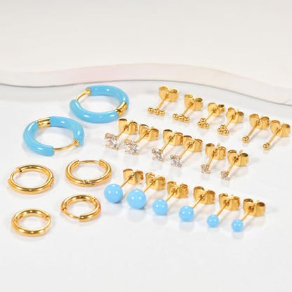 12 Pairs Stud & Hoop Earrings Set for Women 2-5mm Colorful Ball & Cubic Zirconia Stud earrings 8/10/12mm Hoop Earrings Hypoallergenic Stainless Steel Jewelry Gift Collection - color: light blue