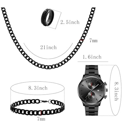 NEWITIN 4 Pieces Black Jewelry Set for Men Stainless Steel Watch Necklace Bracelet Ring Fashion Black Wristwatch Cuban Link Chain Cuban Jewelry Set for Men - color: Black