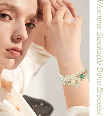 8 Sets Bohemian Stackable Bead Bracelets for Women Bohemian Bracelets Stretch Multi Layered beads Bracelet Set Boho Multicolor Jewelry