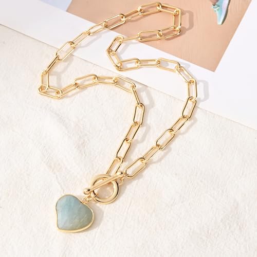 14K Gold Plated Two Sides Carved Stone Heart Shape Necklace for Women Love Pendant Necklace Jewelry for Daily and Gifts - color: Amazonite