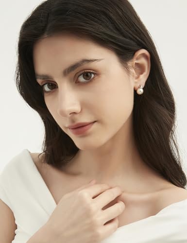 Pearl Earrings for Women 925 Sterling Silver 10MM CZ Pearl Stud | Cubic Zirconia, Dainty Simulated White Pearl Stud Drop Earring, Engagement Wedding Bridal, Hypoallergenic - size: 10MM