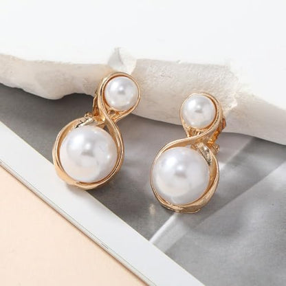 Simulated Pearl Clip On Stud Earrings - style: Double Pearls