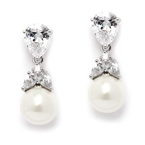 Mariell Clip-On Pearl Drop Bridal Earrings with Cubic Zirconia Crystals and Ivory Pearls For Brides, Bridesmaids, Weddings, Jewelry Gift for Women - color: Silver