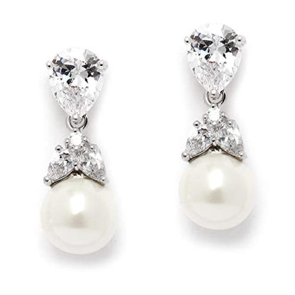 Mariell Clip-On Pearl Drop Bridal Earrings with Cubic Zirconia Crystals and Ivory Pearls For Brides, Bridesmaids, Weddings, Jewelry Gift for Women - color: Silver