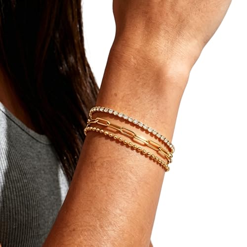 CTRLZTEAM 14K 18K Gold Plated Layered Bracelets for Women Stacked Bracelet | 14K 18K gold plated multi layer bracelets combine distinct chains with single clasp for instant pre-stacked style - style: Integrated 3-in-1 Layered Set