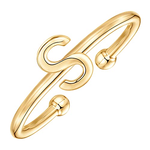 PAVOI 14K Gold Plated Initial Letter Ring for Women, Adjustable Band | Thin Initial Band - Dainty Fashion Jewelry Gifts - style: - S