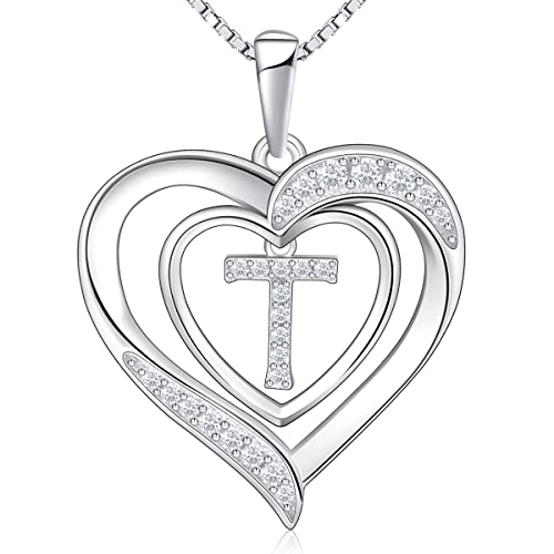 RIVIKO Heart Initial Necklace for Women, 925 Sterling Silver Letter Pendant,Personalized Charm Alphabet Jewelry Valentines Mother's Day Anniversary Christmas Birthday Gifts for Women Her Mom Wife - color: Letter-T