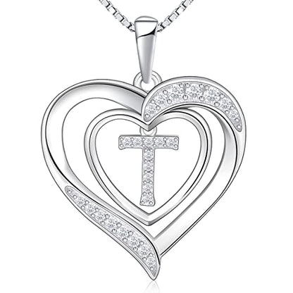 RIVIKO Heart Initial Necklace for Women, 925 Sterling Silver Letter Pendant,Personalized Charm Alphabet Jewelry Valentines Mother's Day Anniversary Christmas Birthday Gifts for Women Her Mom Wife - color: Letter-T