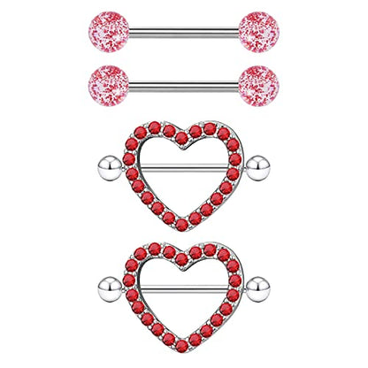 VERAMI 14G Stainless Steel Heart Nipple Rings and Barbell - Butterfly, Starlight Acrylic Ball, Tongue Rings for Women and Men - color: RED-CZ