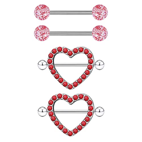 VERAMI 14G Stainless Steel Heart Nipple Rings and Barbell - Butterfly, Starlight Acrylic Ball, Tongue Rings for Women and Men - color: RED-CZ