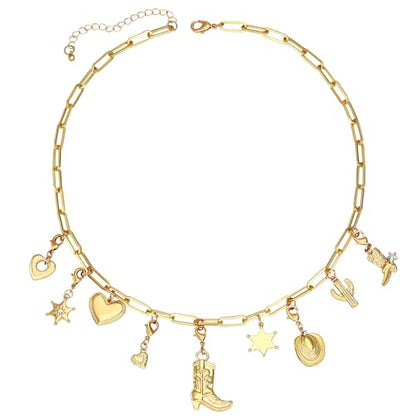 Charm Necklace for Women Gold Evil Eye Sun Moon Flower Coin Pendant Necklace Dainty Paperclip Chain Vintage Luck Amulet Choker Necklaces Celestial Jewelry Gift - style: Detachable- Cowgirl, Boot