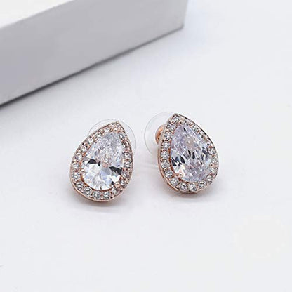 Teardrop Cubic Zirconia Jewelry Set for Women Wedding Prom Bridesmaid Gift | Sparkle Necklace Earrings Bracelet, Bride Formal Party Jewelry - color: Rose Gold