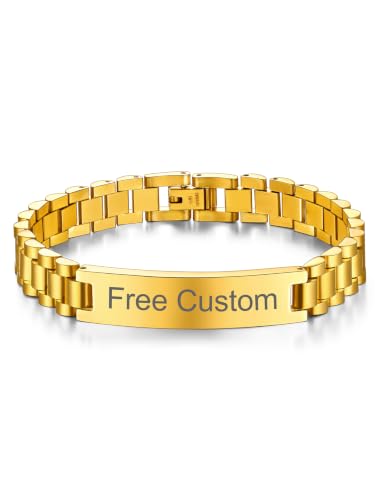 ChainsHouse Men Stainless Steel Bracelet Adjustable Custom ID Engraved Gift | Personalized Silver/Gold/Black for Birthday Father Husband Boyfriend with Gift Box Adjustable Tool 10mm/15mm/15.5mm 8.3"/8.7" - color: K.10mm Width-Gold-Custom