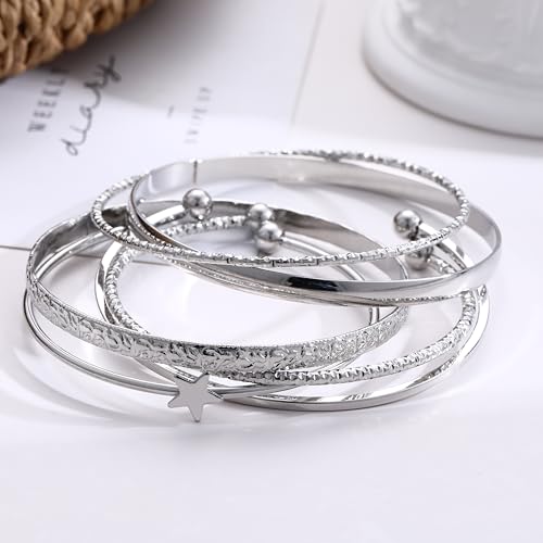 ÌF ME Gold Bangle Bracelets for Women, Indian Bangles Stackable Set, Multi Layer Textured 18K Gold Plated Chunky Bracelets Boho Jewelrys Set - style: silver-star