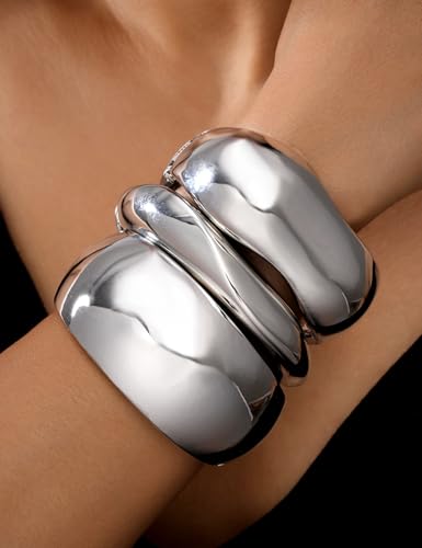 Chunky Gold Bangle Bracelets for Women, Dainty 14k Gold Plated Big Stackable Bangles Set, Trendy Statement Cuff Bracelet Stack Fashion Jewelry Gifts - style: 3 Silver chunky bangles