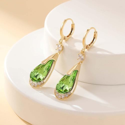 Trendy Austrian Crystal Teardrop Drop Huggie Dangle Earrings for Women 14k Rose Gold Plated Hypoallergenic Jewelry Gifts - color: Fern Green