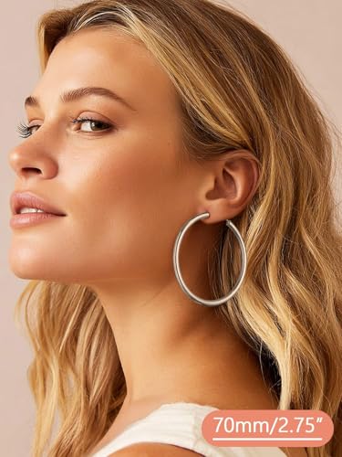 FaithHeart Silver/Black/Gold Stainless Steel Chunky Hoop Earrings for Women | Hypoallergenic Lightweight Hoop Earrings, Trendy Statement Thick Hoop, 20/30/40/50/60/70/80mm - color: Silver, size: 70mm