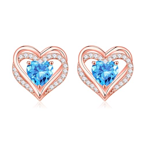 Iefil Birthstone Earrings for Women - 925 Sterling Silver Heart Stud Earrings Birthday Gifts for Women - color: Rose-Gold-Plated-03-Mar-Created Aquamarine