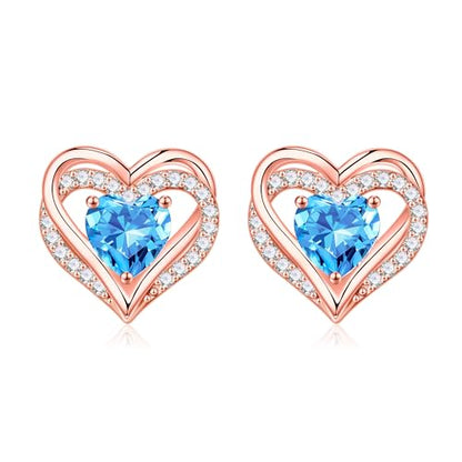 Iefil Birthstone Earrings for Women - 925 Sterling Silver Heart Stud Earrings Birthday Gifts for Women - color: Rose-Gold-Plated-03-Mar-Created Aquamarine