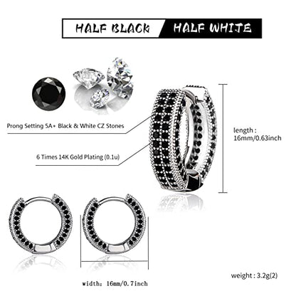 Iced Out Hoop Earrings Cubic Zirconia Huggie Cartilage Cuff Hypoallergenic 14K Gold Plated Luxury Fashion Round Circle Earrings For Men Women - color: 02 SilverBlack
