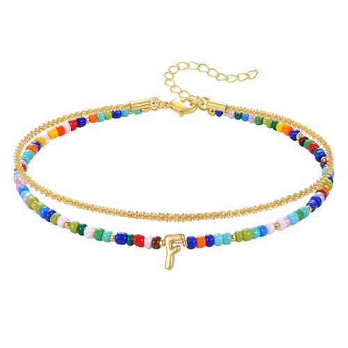 KissYan Initial Ankle Bracelets for Women | Layered Colorful Beaded Anklet with 14K Gold Chain, Waterproof Dainty Jewelry Gift for Summer Beach - style: F