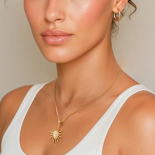 Dainty 14k Plated Gold Sun Necklace for Women, Trendy CZ Sunburst Pendant Necklace Non Tarnish Jewelry for Gifts - style: Shell