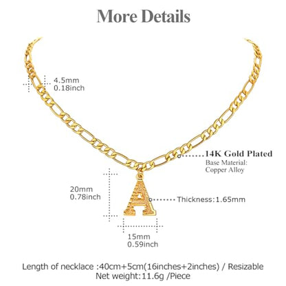 14K Gold Plated Initial Necklaces for Women Men A-Z Letter Necklaces | Figaro Chain, 16"+2" Adjustable Length, with Gift Box - style: Initial A