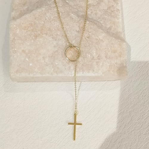 HERIER Lariat Gold Necklace for Women, Dainty Long Necklace 14k Gold Plated/Silver Y-Shaped Layered Beaded Chain Drop Necklaces for Women Trendy Simple Gold Jewelry for Women Gifts - color: Y Cross Necklace-Gold