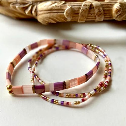 Boho 3Pcs Tila Flat Seed Beads Stack Bracelets Set for Women, Romantic Handmade Cute Gold Plated Paperclip Link Colorful Glass Ball Stretch Accessories Jewelry, Party Friendship Gift - color: Blue