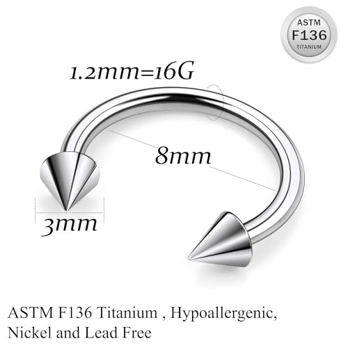 Ruifan 20G 18G 16G 14G 12G 8G 6G 4G 2G Horseshoe Nose Ring Titanium Septum Rings Piercing Jewelry Internally Threaded Gauges Cartilage Conch Helix Rook Lip Tragus Earring Hoop Eyebrow For Women Men - size: Spike: 16G - 8MM