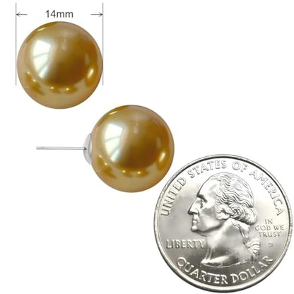 Gold & Brown Faux Pearl Stud Earrings, S925 Silver Posts Hypoallergenic for Women - color: Gold, size: 14mm